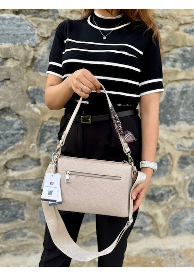 Kadın Orijinal Just Polo Yumuşak Deri Şal Detaylı Ayarlanabilir Askılı El Ve Omuz Çantası Shopper Ekru