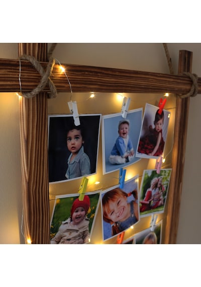 Ahşap Çerçeve Fotoğraf Çerçevesi Led Işıklı Ipli Renkli Mandallı Kahverengi