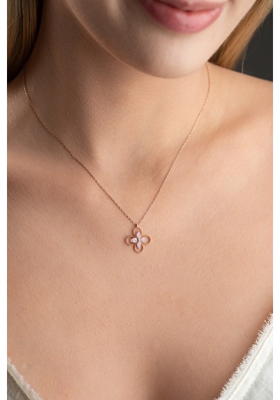 925 Ayar Gümüş Rose Kaplama Pembe Taşlı 4 Yapraklı Yonca Kolye Rose Gold