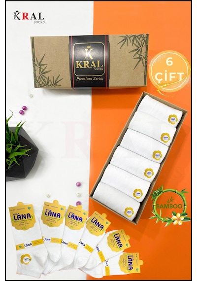 Kral Socks Kadın Bambu Çorap 6 Çift Renkli Hediye Kutulu Patik Kadın Çorap Beyaz