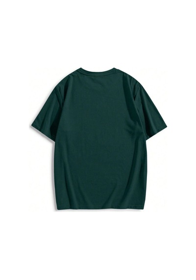 Erkek El Baskı Oversize Nefti Yeşil Baskılı T-shirt - Bisiklet Yaka Kısa Kol Rahat Kalıp Tişört Nefti Yeşil