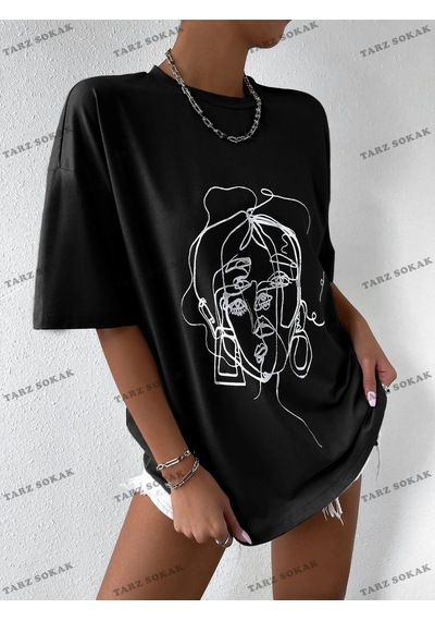 Startmore Unisex Bay Şekil Grafiği Düşük Omuzlu Tişört Kod-1310 Siyah
