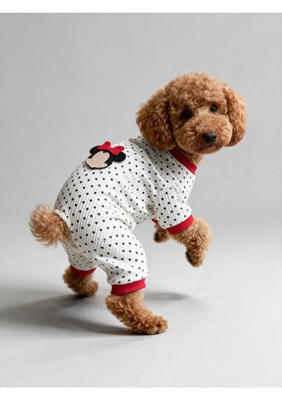 Polka Dot Rouge Minny Köpek Tulumu Siyah Beyaz Puantiyeli Penye Köpek Pijaması
