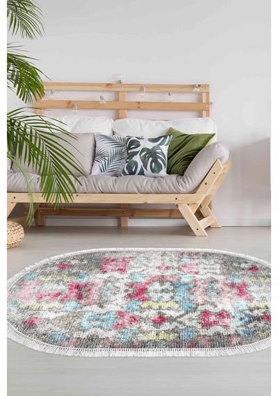 Dekoreko Kaymaz Taban Djt Salon Halısı Trend Saçaklı Oval Modern F5138 Renkli