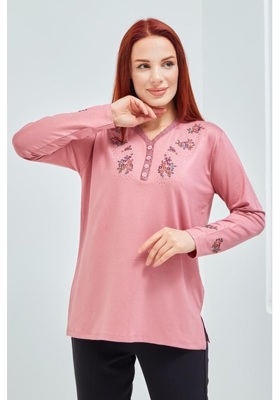 Fresh & Moda Fresh&moda Kadın Pembe V Yaka Düğmeli Çiçekli Likralı Anne Penye 001