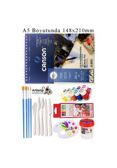 Canson Çok Amaçlı Sanatsal Blok A5 200 Gr 20 Yaprak 1 Adet 10 Renk Guaj Boya Fırça Palet Spatula Fırça Temizleme Kabı