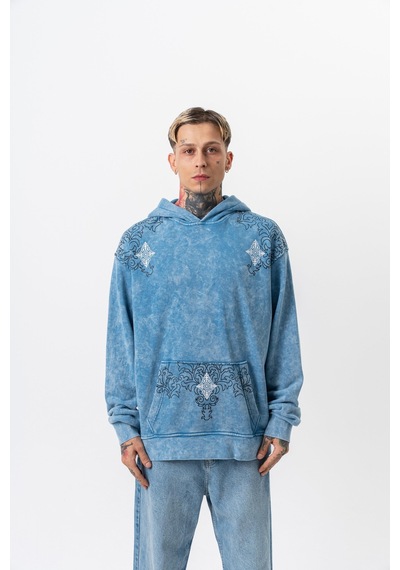 Respire Erkek 10 Baskılı Yıkamalı Kapüşonlu Oversize Hoodie Mavi