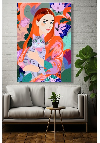Dikey Kanvas Duvar Tablosu Tekli Salon Yatak Odası Ofis Botanik Desenler Kedi Kızıl Saçlı Kadın Çok Renkli