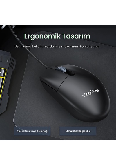 G005 Optik 3 Tuşlu Sağ Ve Sol Elle Kullanıma Uygun Usb Kablolu Mouse Siyah