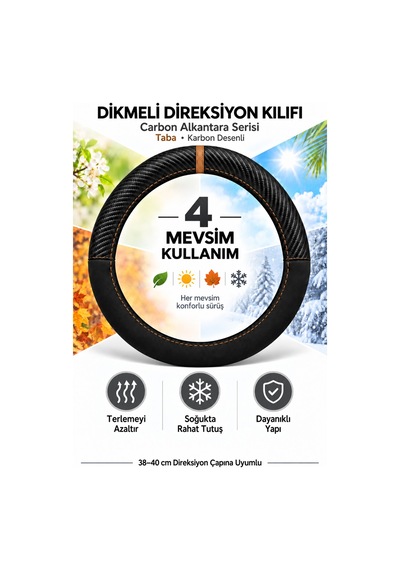 Trobus Audi Q3 2019-2025 Uyumlu Dikmeli Direksiyon Kılıfı Carbon Alkantara Karbon Desenli Taba