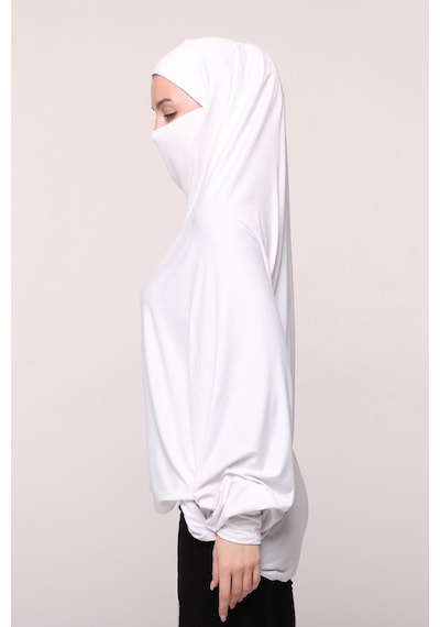 Altobeh Kollu Sufle Çarşaf Üstü Peçeli Pratik Tesettür Hijab - Nikaplı Namaz Örtüsü Beyaz
