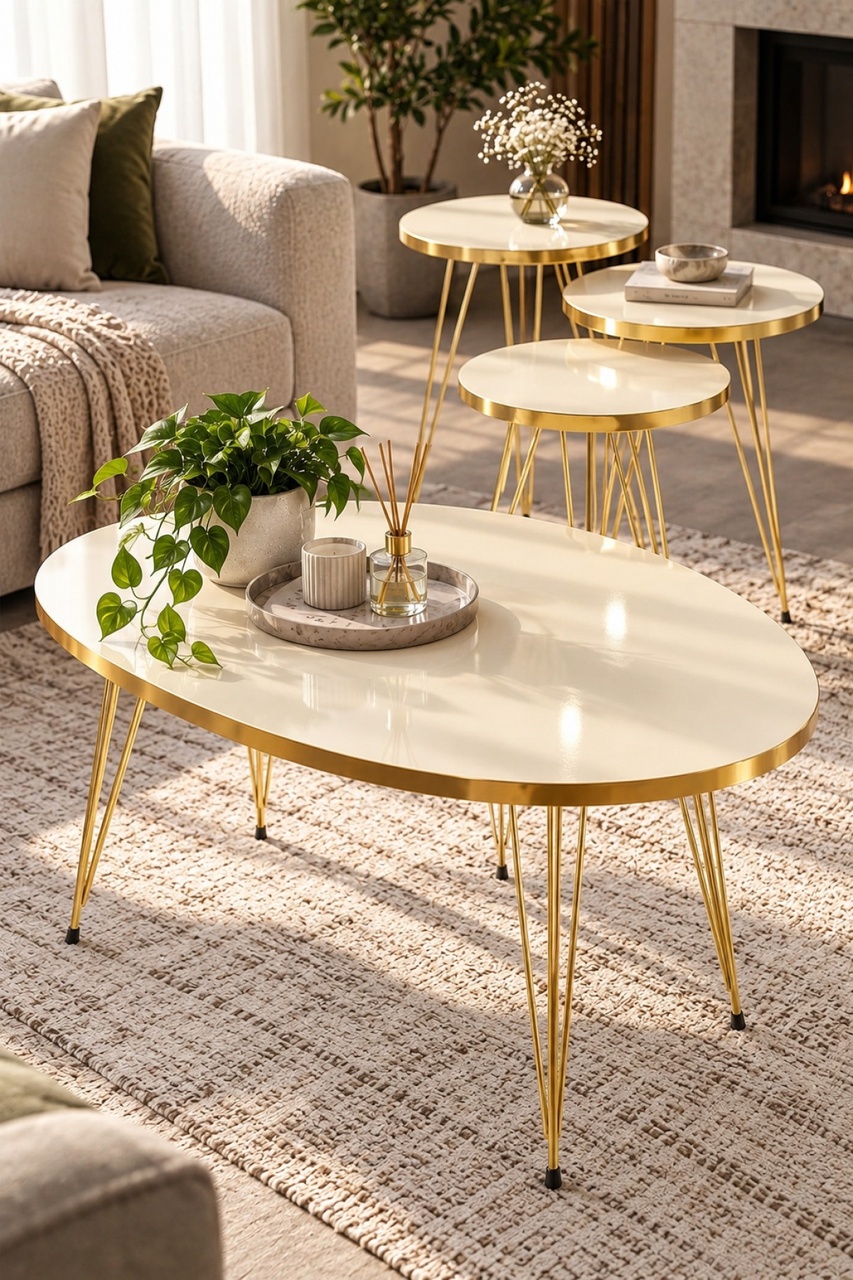 Sulorahome Elips Orta Sehpa Ve 3'lü Zigon Sehpa Seti - Gold Krem Altın - Krem