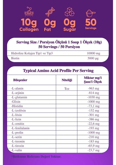 Collagen Life %100 Saf Ve Doğal Yüksek Biyoaktif Çift Hidrolize Kolajen Peptitler İçeren Diyet Takviyesi 50günlük