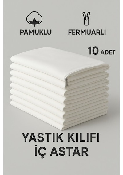 Suvay 10'lu Paket Pamuklu Fermuarlı İç Astar Yastık Kılıfı Beyaz 50 x 70