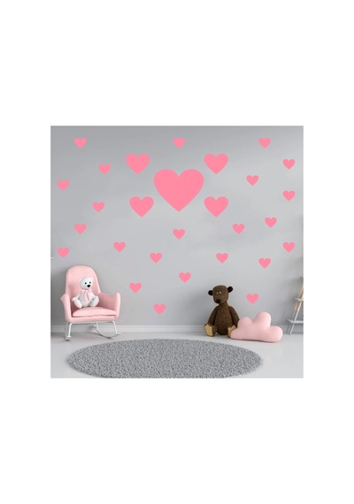 Çeşitli Ebatlarda Kalp Şeklinde Duvar Sticker Seti - 97 Adet Bebe Pembe