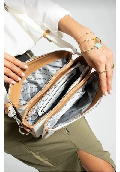 Just Polo Orijinal Kadın 3 Bölmeli Lüks Omuz Çantası Shopper Beyaz - Taba