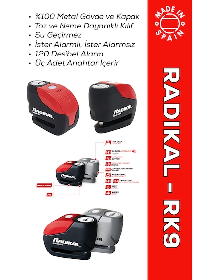 Rk9 Motosiklet Disk Kilit Alarmı 120db Güçlendirilmiş Su Geçirmez Kilit + Buff  Disk Kilidi