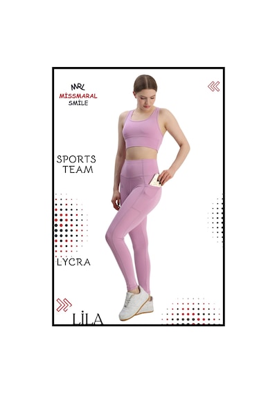 Missmaral Kadın Alt Üst Takım Fitness Pilates Koşu Sporcu Slim Fit Tayt Çift Cep Yüksek Bel Likralı Lila 3065 Lila