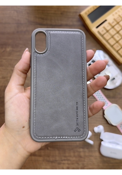 Apple iPhone X Uyumlu Premium Deri Dokulu Darbelere Karşı Dayanıklı Nazal Silikon Kılıf Gri