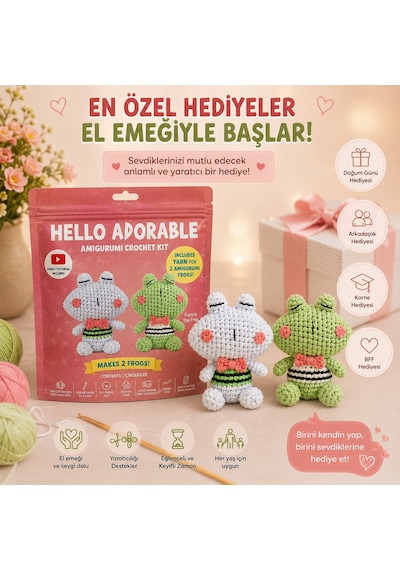 Bakgelal Hello Adorable Amigurumi Kurbağa Yapım Kiti , Kendin Yap Hobi Seti, Türkçe Anlatımlı