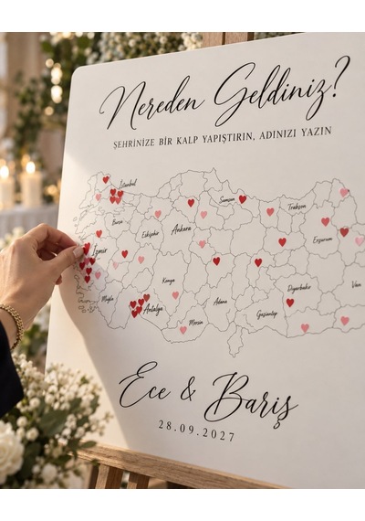 Türkiye Haritalı Nereden Geldiniz Panosu - Kişiye Özel Düğün Beyaz