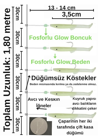 Ea genset Silikon Balıklı Çapari 3.5 Cm 2 Adet Silikon At Çek Takımı Fosforlu Glow Şeffaf Yeşil