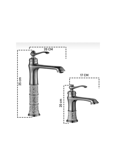 İsaoğlu Yapı Çanak Lavabo Bataryası Lavabo Armatürü Yüksek Model Vintage Tasarım Lavabo Musluğu İşlemeli Gümüş