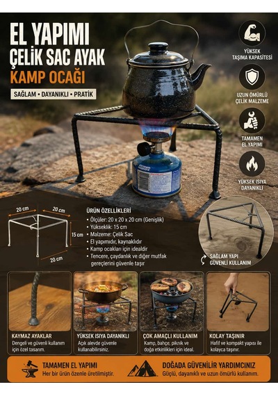 El Yapımı Çelik Sacayağı, Kamp Ocağı, Piknik Ocağı, Kışlık Hazırlama Ocağı, Köylü Ocağı, Odun Ocağı Siyah