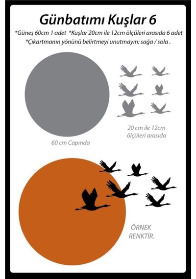Günbatımı Kuşlar5 Duvar Sticker Dekoratif Duvar Çıkartma Sticker Gri Siyah Kombin Siyah 60 X 60