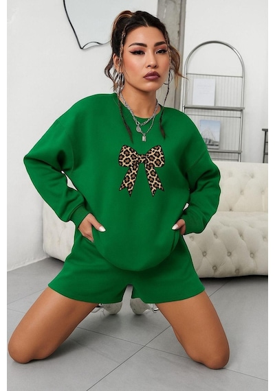 Benroma 3 İplik Penye Kurdela Baskılı Unisex Sweatshırt Yeşil