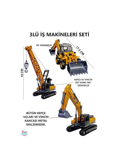 3'lü İş Makinesi Seti Kepçe, Vinç, Kazıcı-yükleyici - Metal Uçlu İş Makinaları Küçük Boy