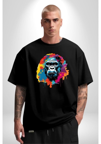 Renkli Maymun Goril Pamuklu Bisiklet Yaka Unisex Oversize Boyfriend Dijital Baskılı Siyah T-shirt Siyah
