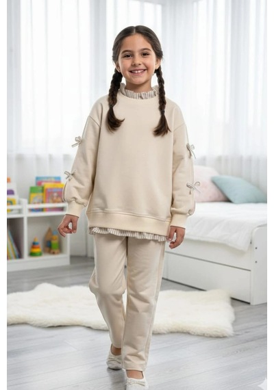 Koçak Kids Gömlek Desenli Krem Rengi Kız Çocuk Takım Krem