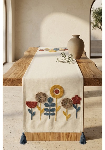 Botanik Rüya Renkli Punch Nakışlı Püsküllü Pamuk Runner 40x130 Cm Mavi