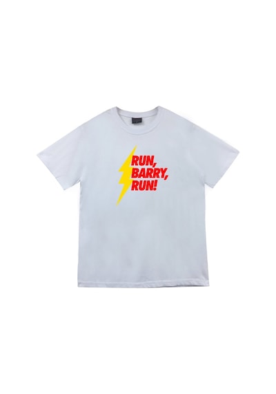 Unisex Beyaz Run Barry Run Baskılı Tişört Beyaz