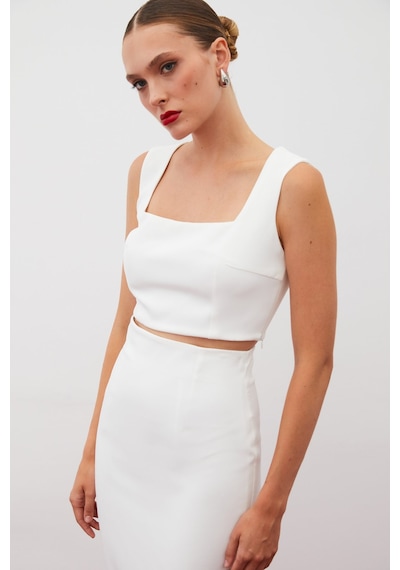 Sateen Kare Yaka Crop Bluz - Ekru-134914 Ekru
