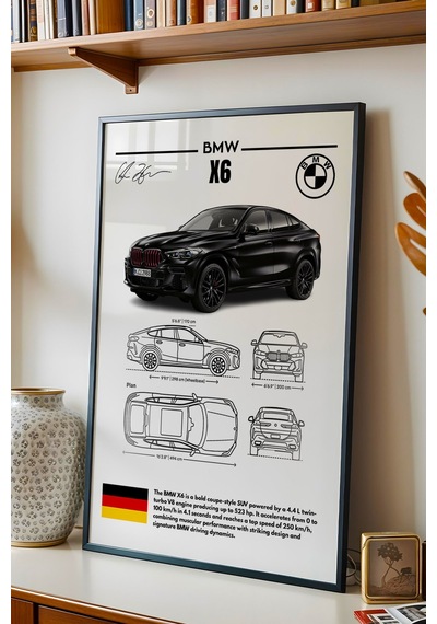 Bmw X6 Tablo - Teknik Özellikli Alman Spor Coupe Suv Poster - Çerçeveli Duvar Dekoru - Blueprint Siyah