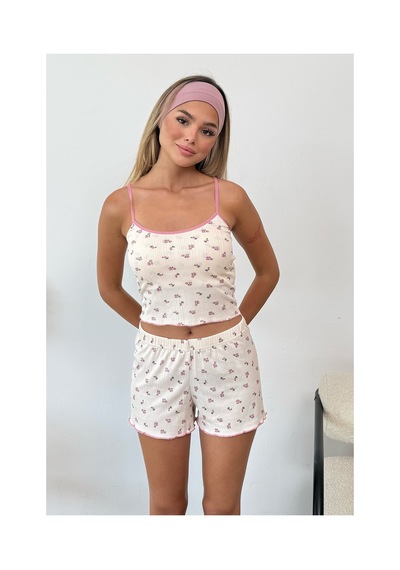 Giysa Kadın Askılı Kaplı Çiçek Desenli Şortlu Pijama Takımı Bej - 3403