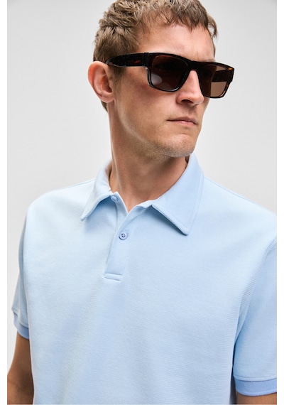 Grimelange LAPORTE Erkek Dokulu Kumaşlı Slim Fit Mavi Polo Yaka T-shirt
