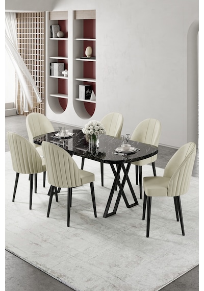 Canisa Kaye Serisi Mdf 90x168 Siyah Mermer Desen Mutfak Masası Takımı 6 Krem Sandalye Siyah Mermer Desen Masa Krem Sandalye Canisa Kaye Serisi Mdf 90x168 Siyah Mermer Desen Mutfak Masası Takımı 6 Krem Sandalye Siyah Mermer Desen Masa Krem Sandalye