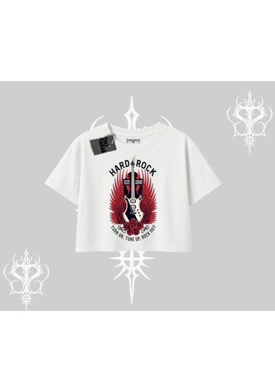 Startmore Startmore Oversize Crop Tshirt Hard Rock Winged Guitar Rebellion Beyaz