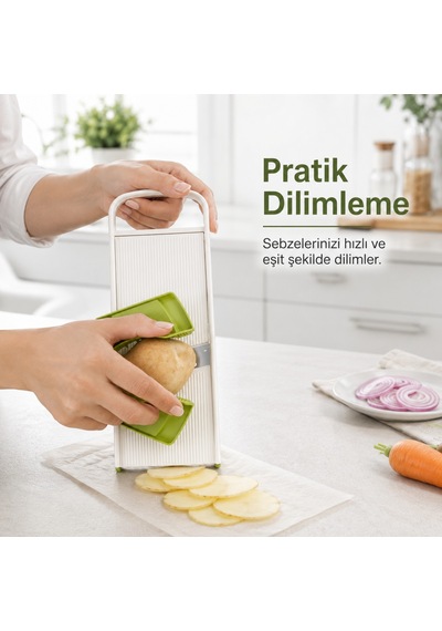 Ayarlanabilir Mandolin Dilimleyici 3 Kademeli Sebze Meyve Dilimleme Aparatı Kaydırmaz Tabanlı Güvenli Tutuculu Sariva Home Beyaz - Yeşil