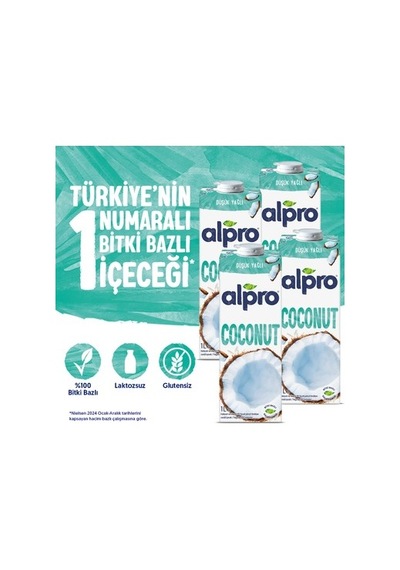 Hindistan Cevizi Sütü 4x1 L Vegan Laktozsuz Besin