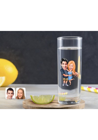 Kişiye Özel Renkli Baskılı Sevgililer Karikatürlü Vodka Bardağı-14 Çok Renkli