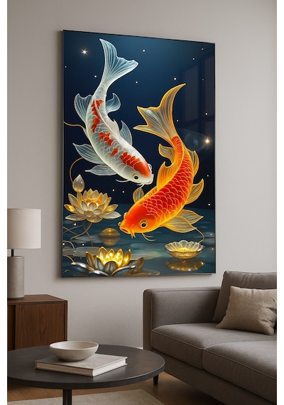 Altın Ve Gümüş Koi Balıkları Feng Shui Bereket Ve Huzur Temalı Cam Tablo Lotus Işıltısı