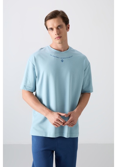 Tommy Life Açık Mavi Pamuklu Kalın Yumuşak Dokulu Oversize Fit Baskılı Erkek T-shirt - 88343 Açik Mavi