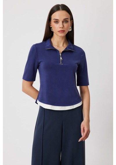 On Kadın Yakası Fermuarlı Kısa Kollu Bluz 76305 Indigo Indigo On Kadın Yakası Fermuarlı Kısa Kollu Bluz 76305 Indigo Indigo