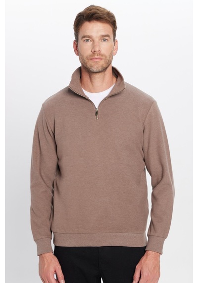 Tudors Unisex Relax Fit Rahat Kesim Fitilli Desenli Pamuklu Yarım Fermuarlı Kahverengi Dik Yaka Sweatshirt-31979 Kahverengi