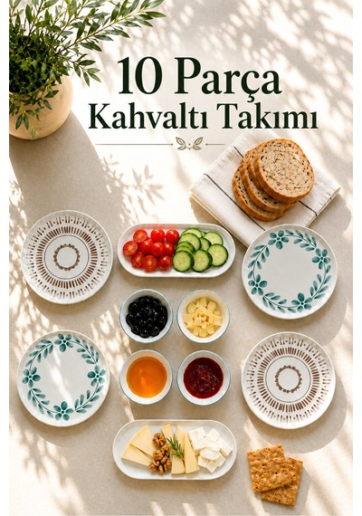 10 Parça 4 Kişilik Leaf Stoneware Kahvaltı Takımı - Özel Desenli Kahvaltılık Servis Sunum Seti Çok Renkli