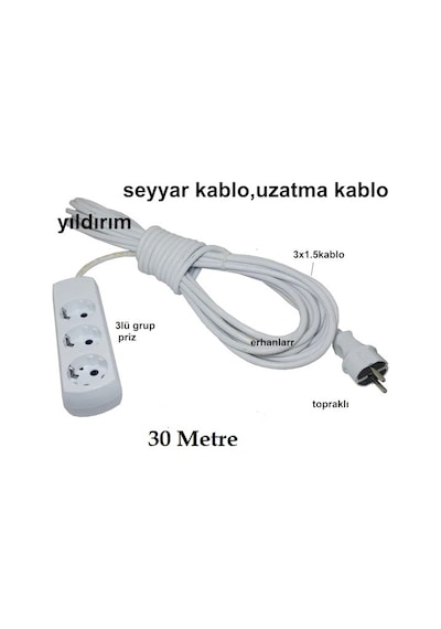 Seyyar Kablo Uzatma Kablo Ara Kablo 30 Metre 3 Lü Grup Priz